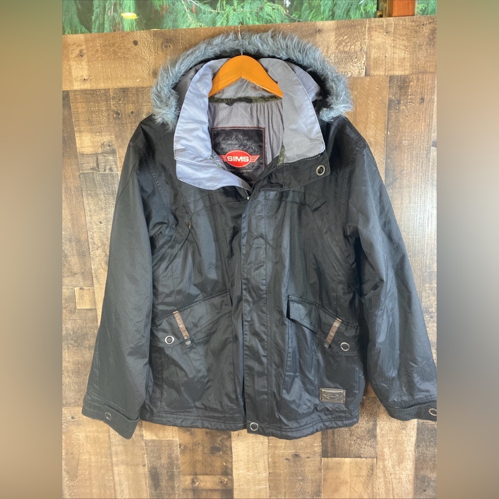 SIMS Black Men's‎ Snowboarding Skiing Jacket Faux Fur Hood Zipper Medium Pockets